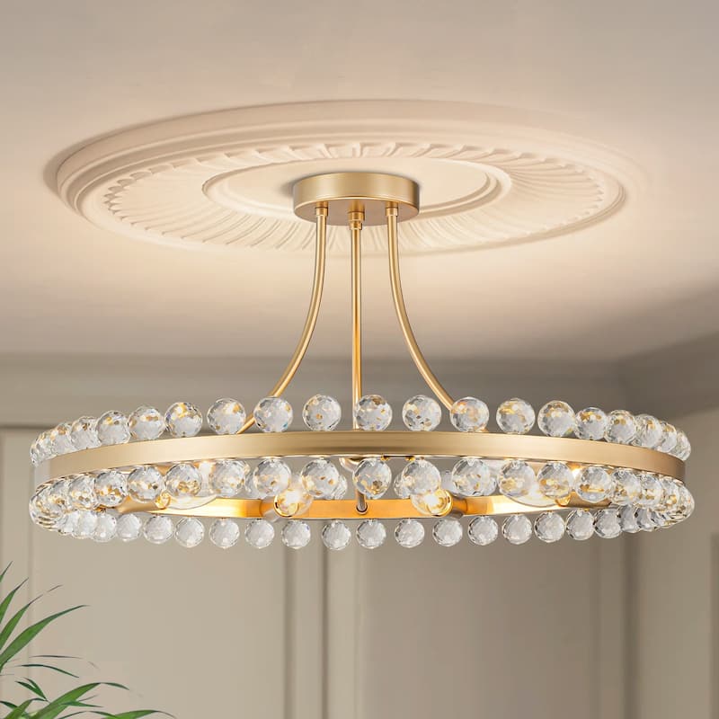 Starsky 4/9-light Modern Crystal Ceiling Light Round Semi Flush Mount - Brass - 9-Light
