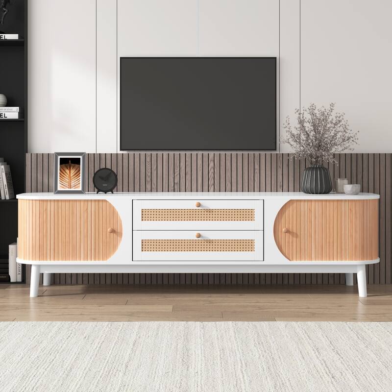 Rattan TV Stand Console Table with Storage Cabinets for TVs up to 75'' - 66.93" x 15.55" x 18.11"