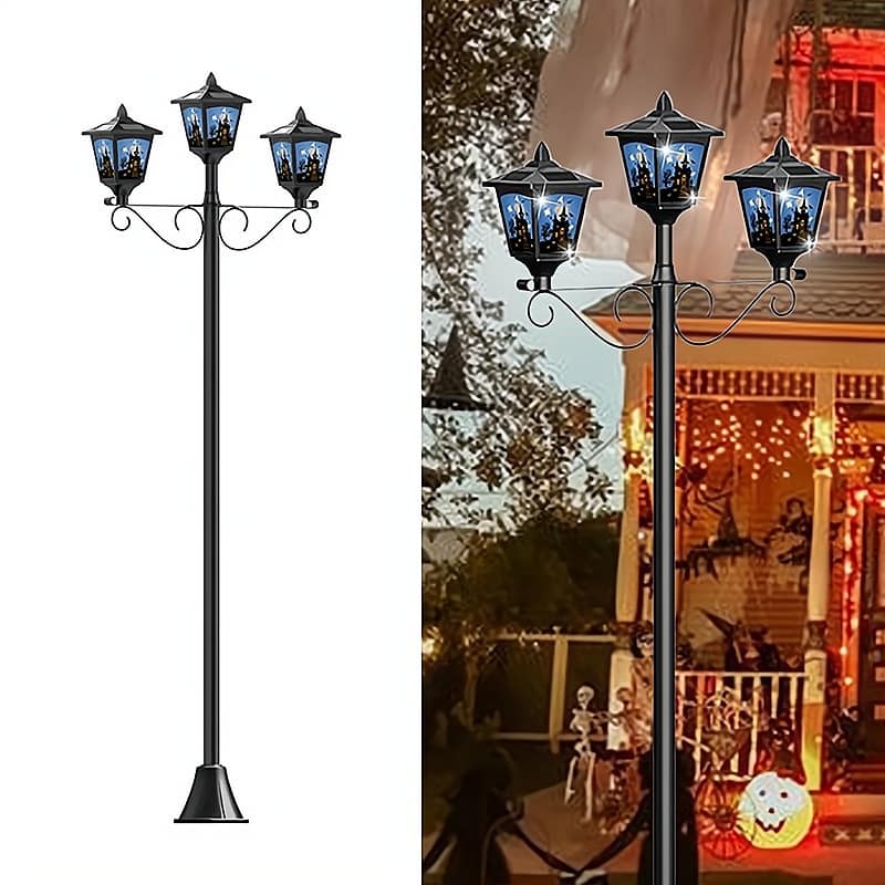 72 Inch Triple-Head Outdoor Solar Lamp Post Lights for Garden Lawn Halloween Decor