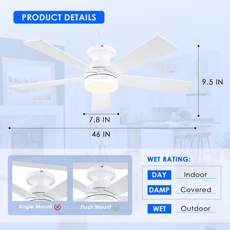 46 Inch Flush Mount Ceiling Fan with Light 5 Reversible Dual Side Blades for Bedroom,Living Room,Patio - 46 Inches