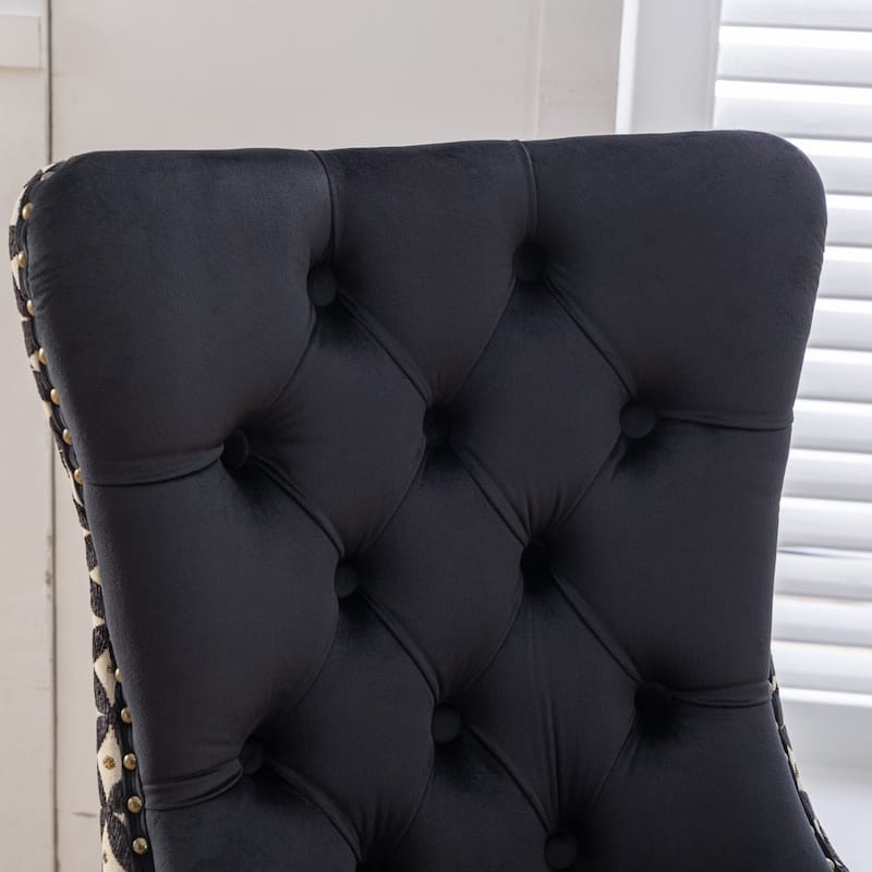 Plaid High Back Tufted Dining Chair, Velvet Soft Cushion Chair with Nailhead Trim Armless Wood Chair, Set of 2