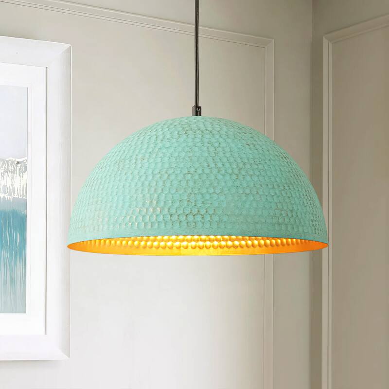 15.7" 1-Light Retro Antiqued Green Hammered Dome Pendant with Gold Interior Hanging Light for Dining Room