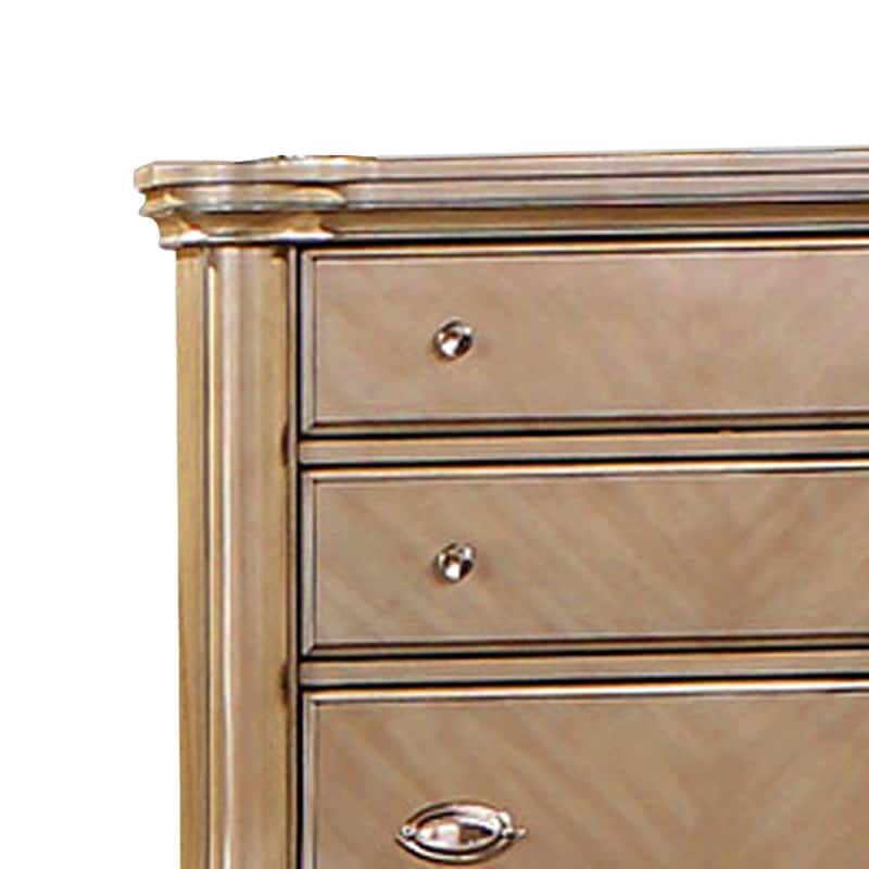 Ada 56 Inch 5 Drawer Tall Dresser Chest, Pine Wood, Chevron Pattern, Antique Champagne