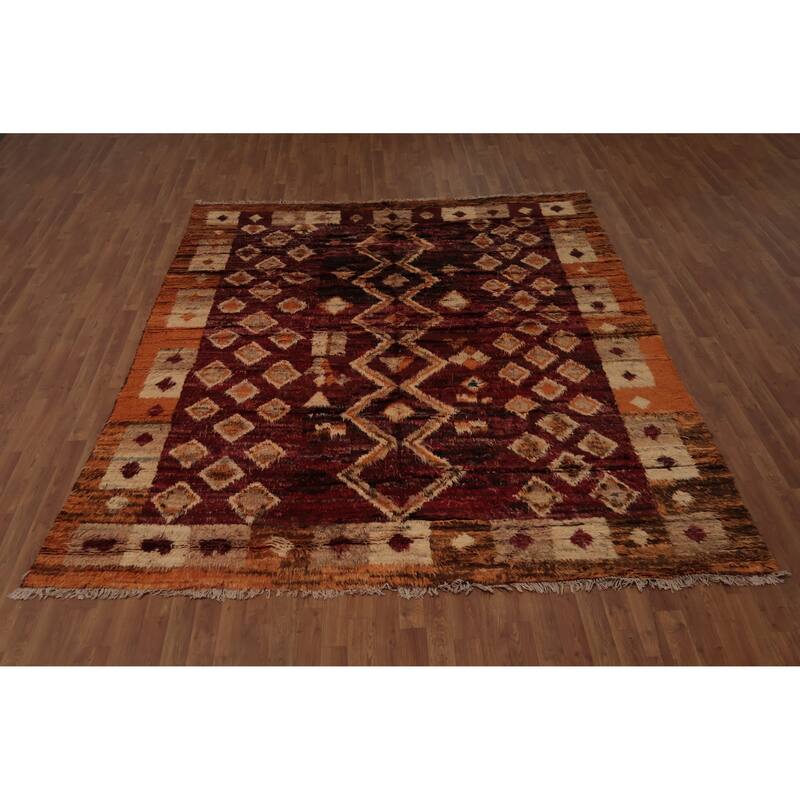 Hand Knotted Oriental 100% Wool Carpet Modern Tribal Red Moroccan Area Rug - 9' 10'' X 8' 2''