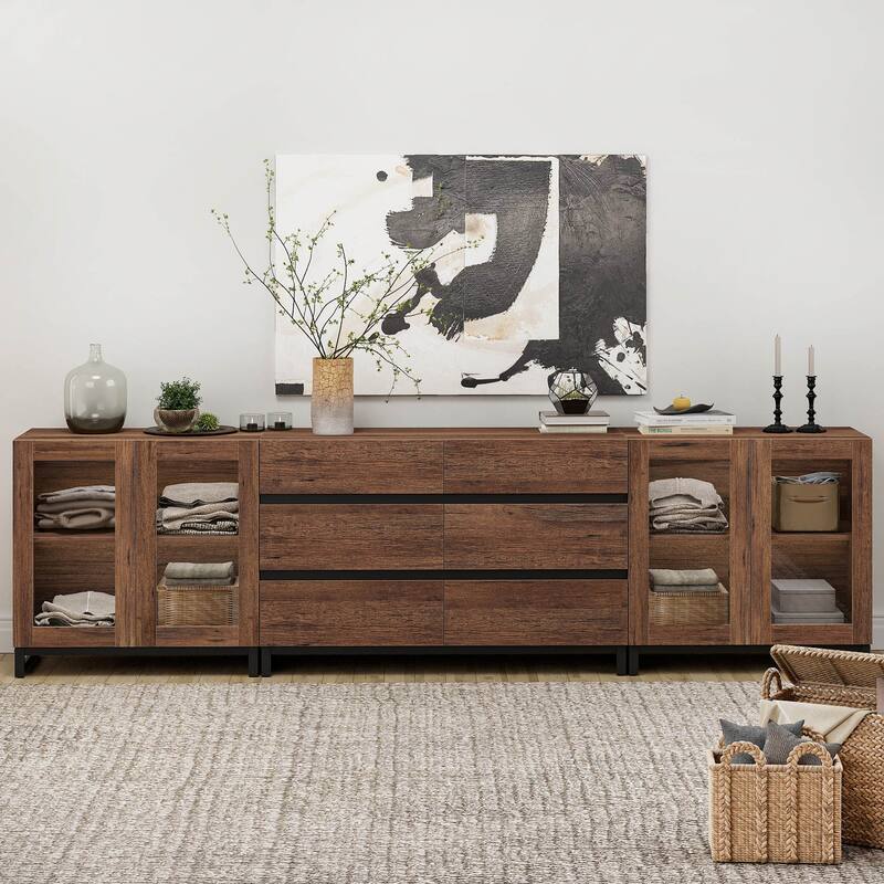 WAMPAT 3 in 1 Multifunctional Dresser with Glass Doors and 6 Drawers, Modern Chest of Drawers for Bedroom