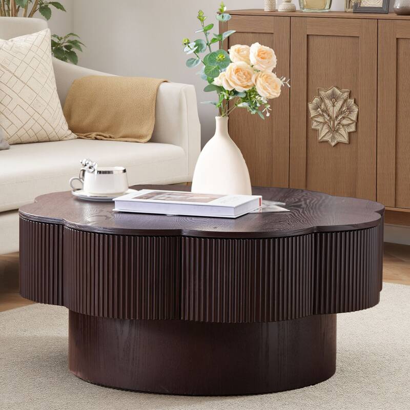31.50" Modern Coffee Table with Storage, Flower Shaped Wood Storage Table Center Table