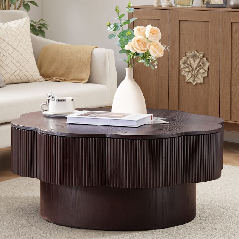 31.50" Modern Flower Shaped Coffee Table, Plum Blossom Shaped Coffee Table with Storage - Natural Wood Veneer