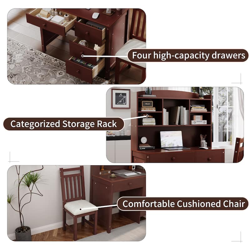 Vintage Student Desks and Upholstered Chair Set with Bookshelf