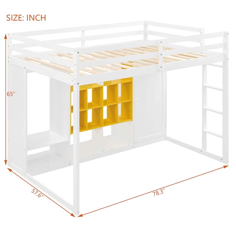 Full Size Wood Loft Bed with Wardrobe