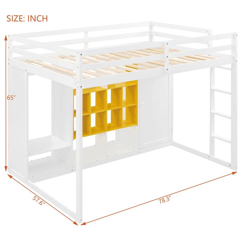 Wooden High Loft Bed with Reversible Ladder, Storage Loftbed Frame with Wardrobe, Shelves and Cabinet, No Box Spring Needed