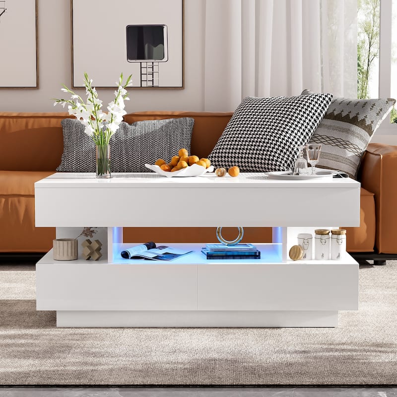 2-Tier Lift-Top Coffee Table with 2 Drawers, Modern High-Gloss Storage Center Table w/ Hidden Compartment for Living Room