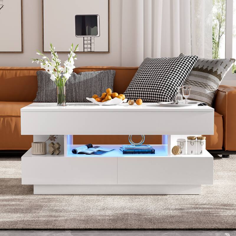 Lift-Top Coffee Table with 2 Drawers, Modern Center Table with Hidden Storage Compartment and LED Lights for Living Room