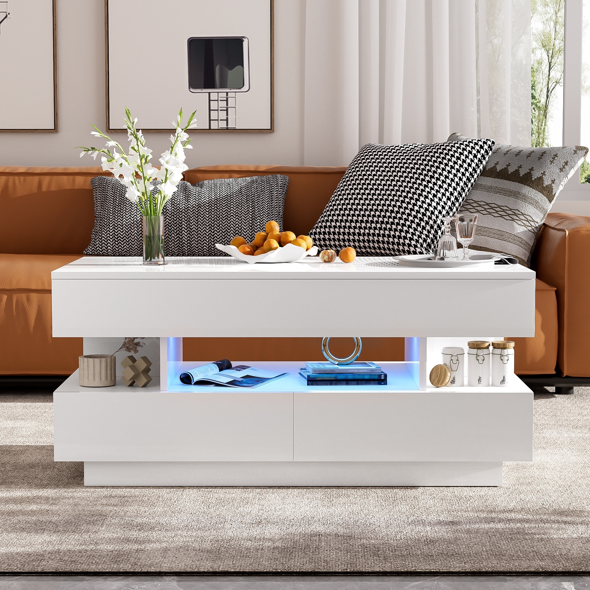 Lift-Top Coffee Table with Drawers Hidden Storage, High-Gloss