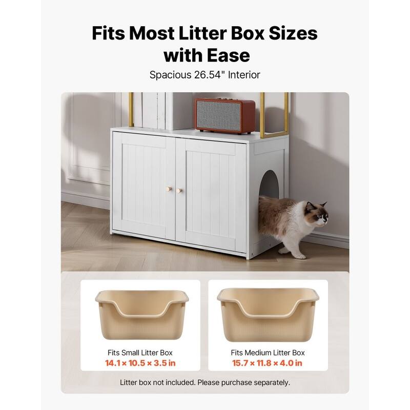 Modern White Cat Litter Box Enclosure with Gold Handles and Dual Door Hidden Cat Cabinet Table - 27.56 x 17.72 x 49.02 in