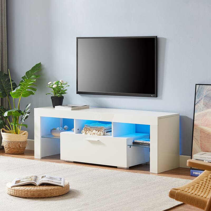 White 51" TV Stand with LED & Glass Shelf for TVs Up to 55"
