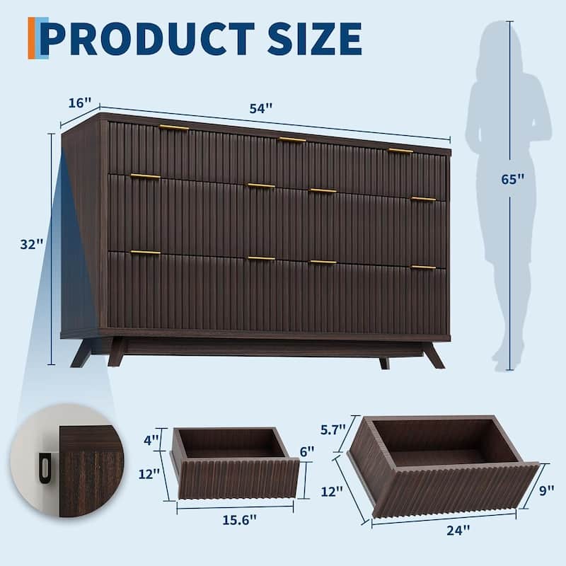 54" Modern Curved Profile Fluted Dresser with 7 Drawers