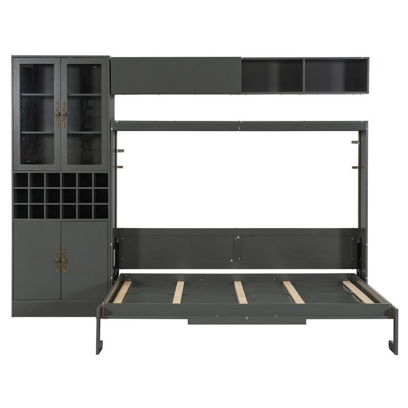 Full/Queen Size Murphy Bed Wall Bed with Sofa, Light and USB Charging, Foldable Murphy Cabinet Bed w/ Storage Shelves & Cabinets