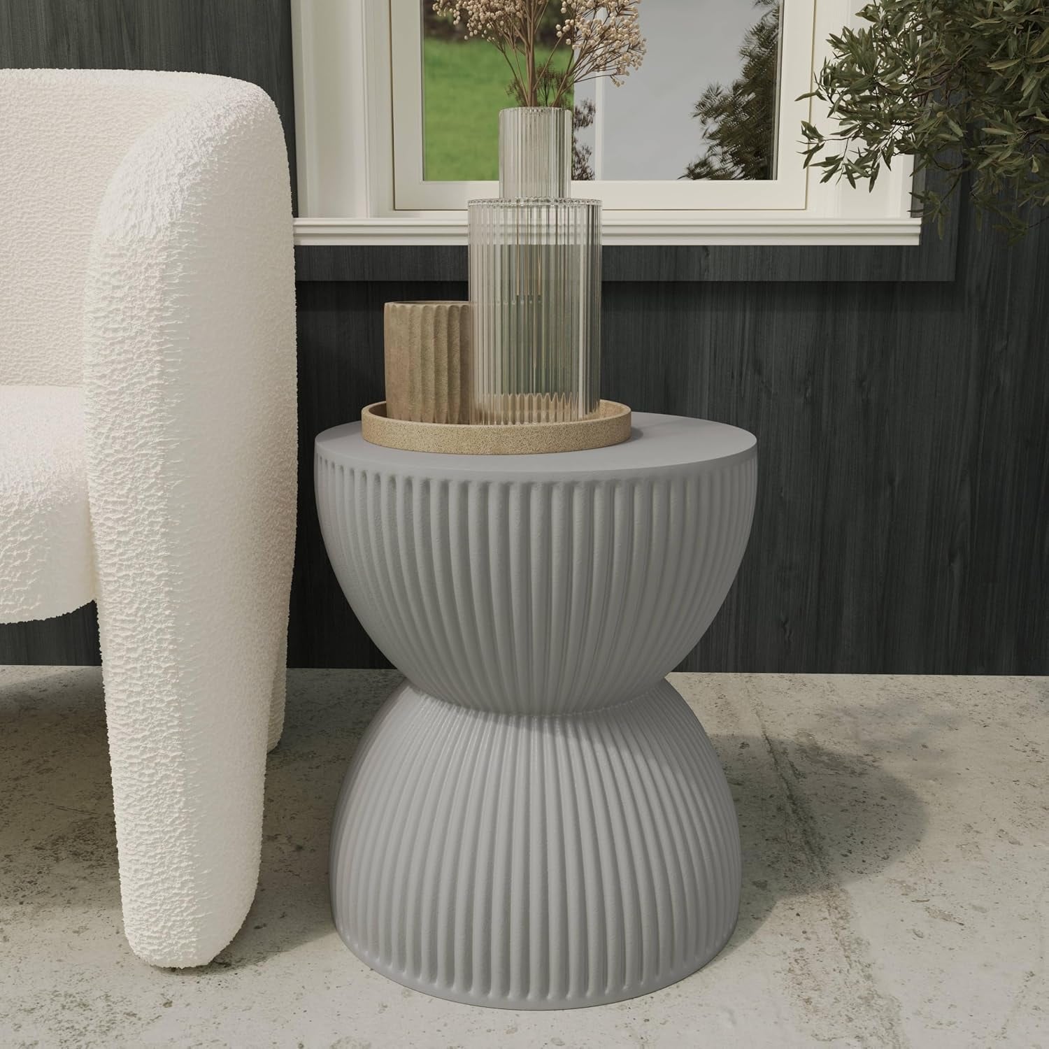 Spire 15" Ribbed Hourglass Fiberstone Side Table, Fluted Plant Stand, Nightstand for Indoor and Outdoor Accent Table