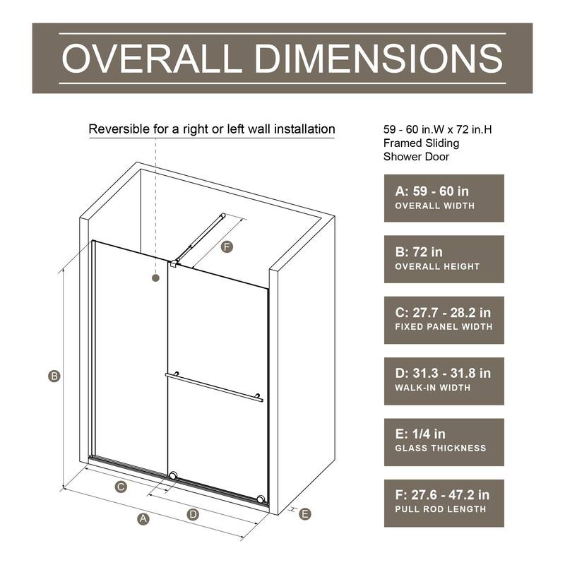 30-60" W x 72" H Sliding Shower Door, 1/4" Thick Glass with Stainless Steel Handle for Walk-in Shower