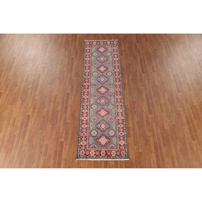 Gray Geometric Kazak Runner Rug Handmade Wool Carpet - 2'9" x 9'7"