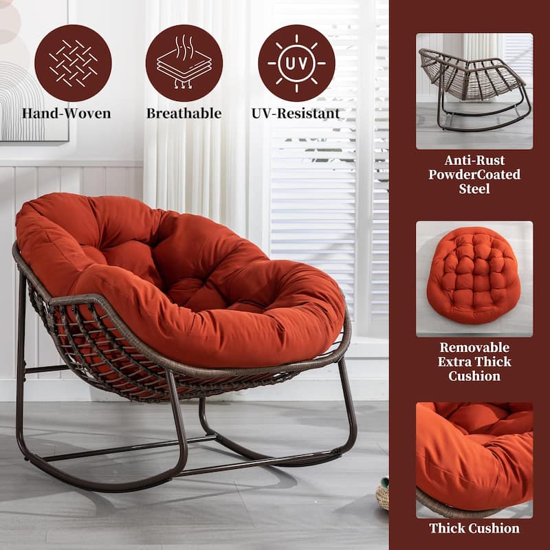 Outdoor Padded Cushion Rocking Chair, Patio Oversized Rattan Egg Chair
