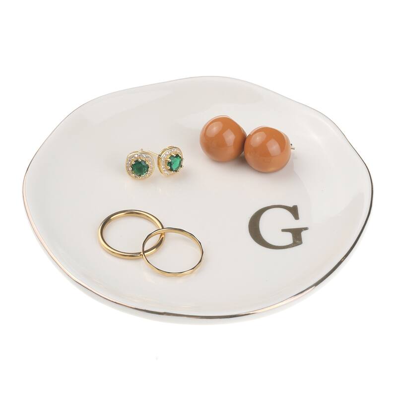 Ceramic Jewelry Tray, Decorative Trinket Ring Dish for Organizing Earrings Necklaces Bracelet Watch Keys - White - G