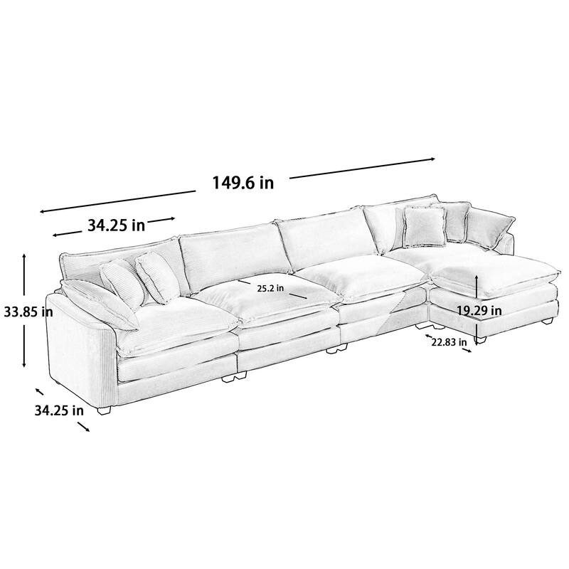Tan 150" Corduroy Cloud Upholstered Modular L-Shaped Sectional Sofa with Removable Ottoman and Free Combination Design