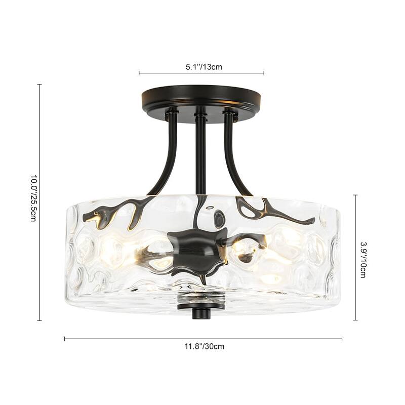 Nickel 2-Light Water Glass Round Semi Flush Ceiling Light - 11.8in