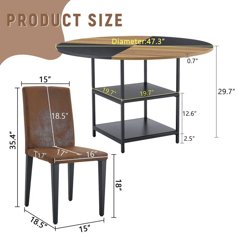 47.3-inch Round Dining Table Set with Double-Layer Storage, PU Chairs, Wood and Black Fan Panels, Non-Slip Mats