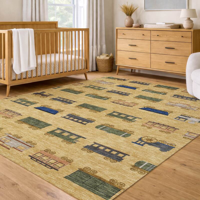 Machine Washable Indoor/ Outdoor Modern Train Chantille Rug
