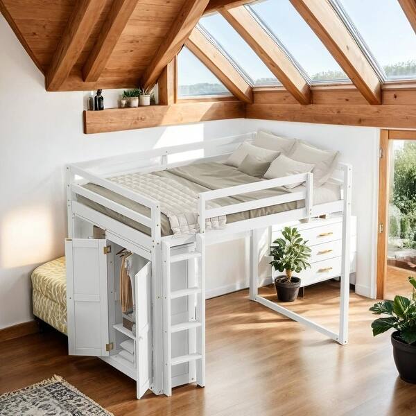 slide 2 of 28, Wood Full Size Loft Bed with Wardrobe and Storage Shelves, White White