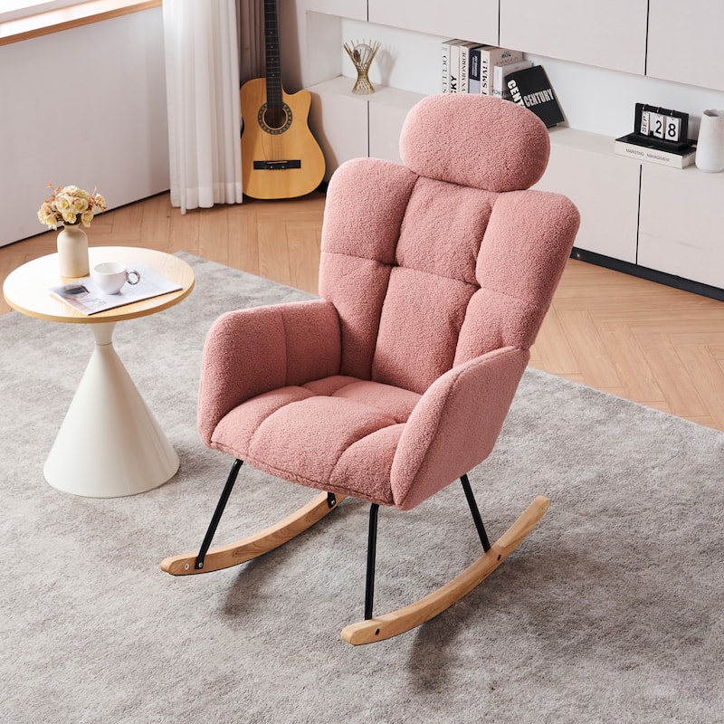 Teddy Fabric Upholstered Nursery Rocking Glider Chair Modern Accent Armchair Padded Seat with High Backrest and Pillow