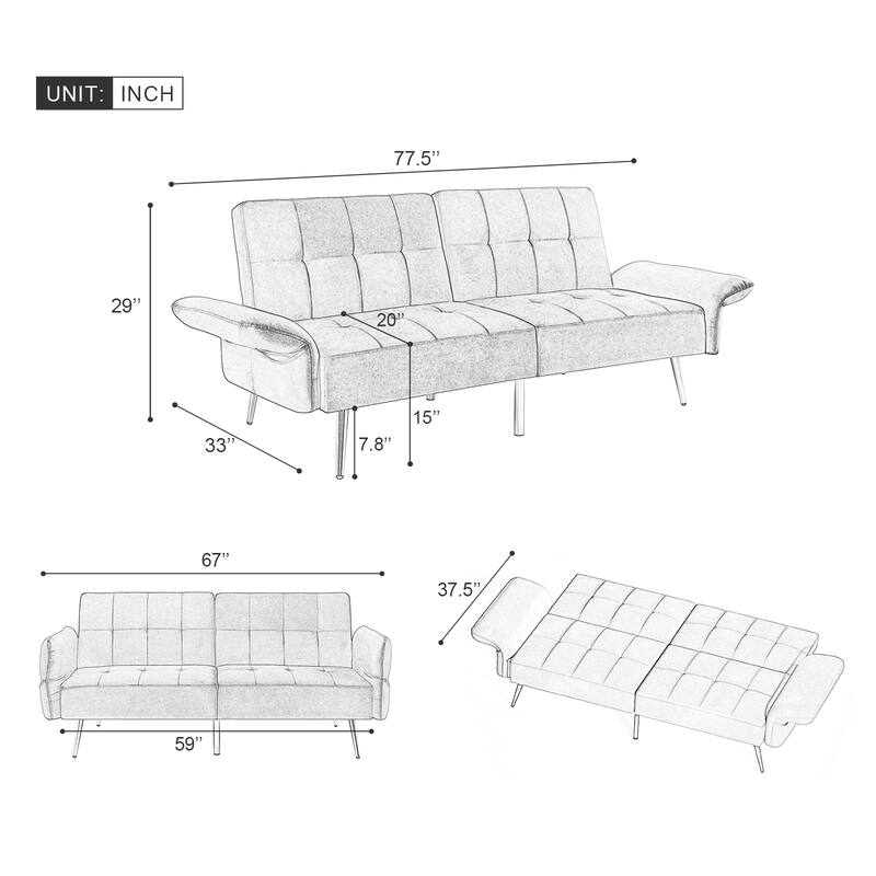 Italian Velvet Convertible Sleeper Sofa Bed with with Folded Armrests and Storage Bags