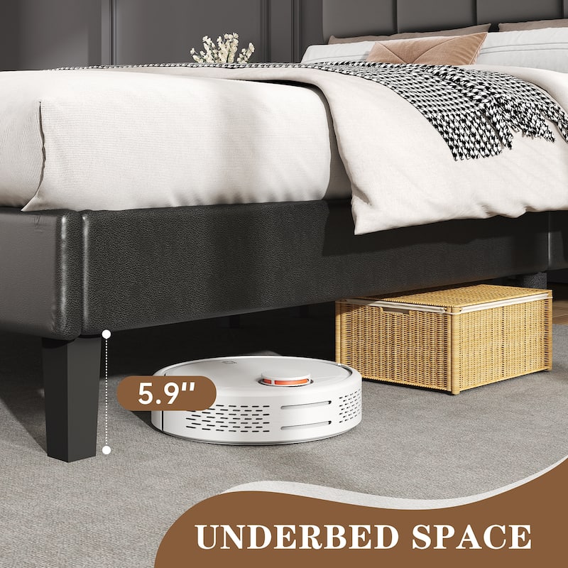 Full Size Bed Frame with Leather Finish – Modern Low-Profile Bed Base with Under-Bed Storage Space and Noise-Free Support