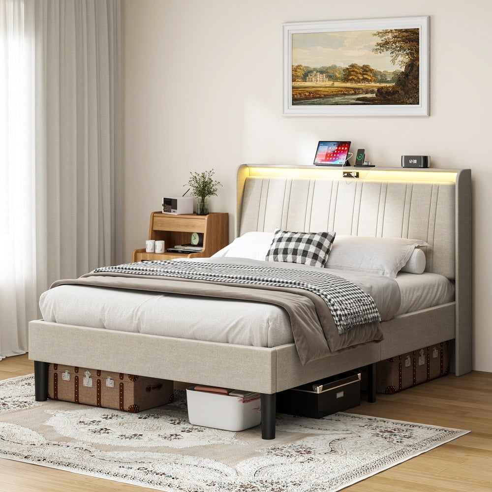 Twin Size Platform Bed Frame with Fabric Upholstered Headboard & Wooden Slats Support