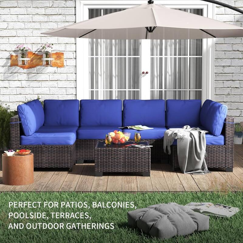 7 Piece PE Rattan Patio Conversation Set, All Weather Wicker Outdoor - Navy