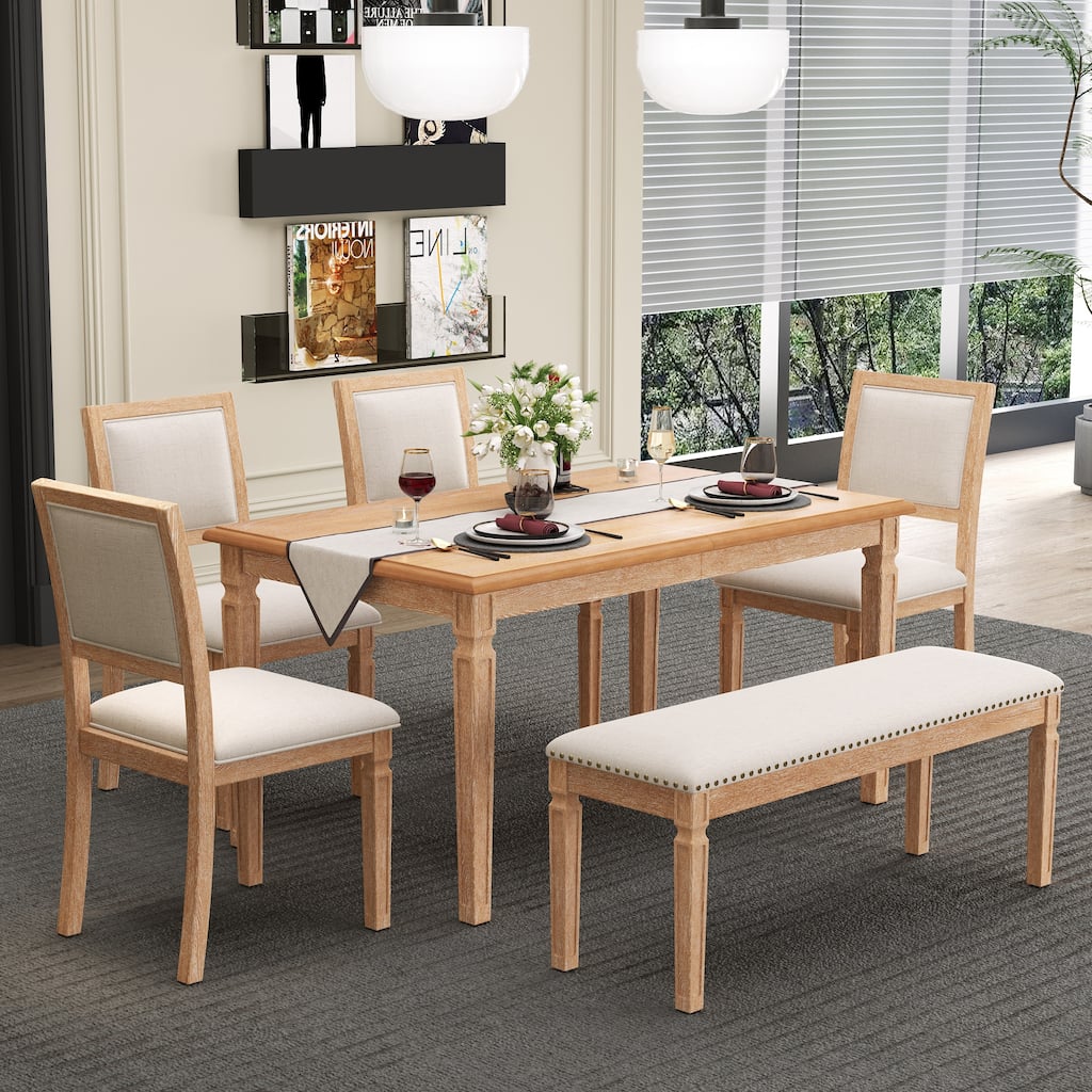 6 Piece Dining Table Set Extension from 59 to 72-Inches, Wood Kitchen Dining Table Set with 4 Upholstered Chairs & Bench