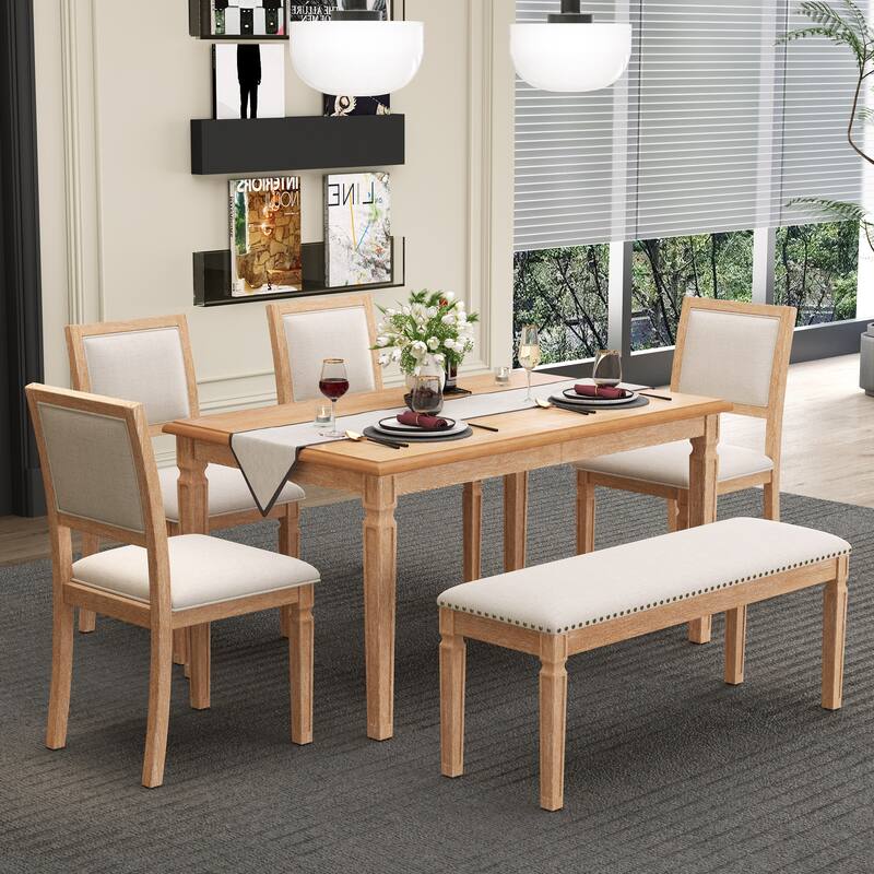 6 Piece Dining Table Set Extension from 59 to 72-Inches, Wood Kitchen Dining Table Set with 4 Upholstered Chairs & Bench - Beige,Natural Wood Wash