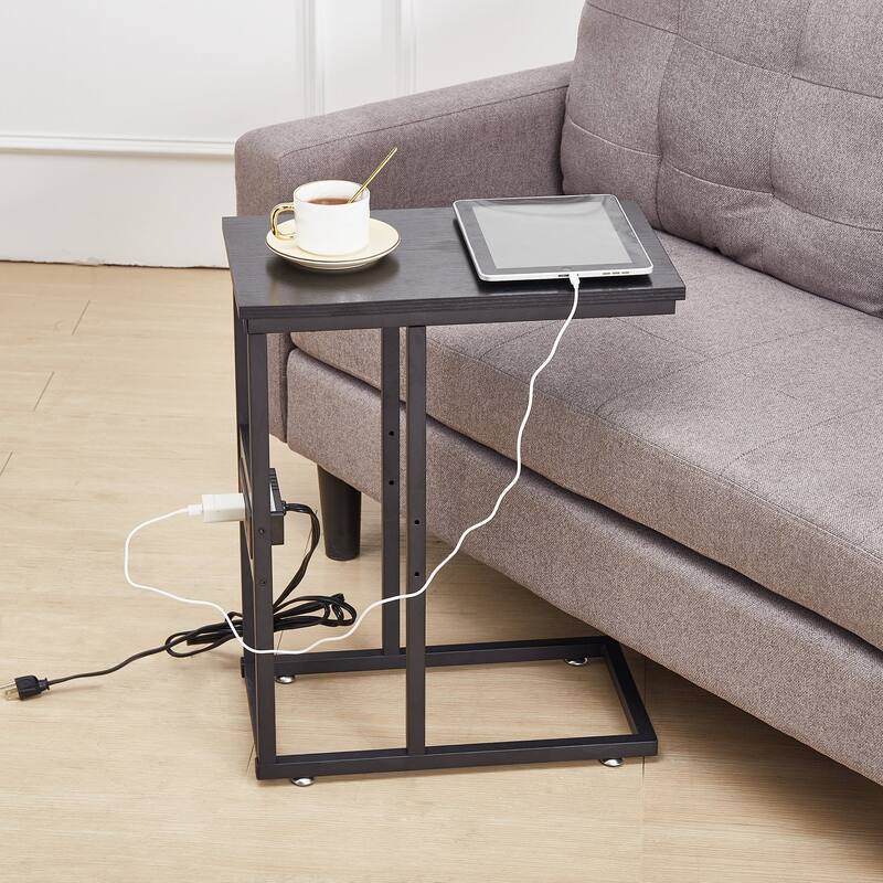 VECELO C Shaped End Table with Charging Station Sofa Table with USB Ports and Outlets C Couch Rustic Snack Bed Table - 11x19x24
