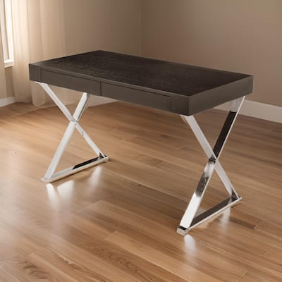 Rix 47 Inch Office Desk, Espresso Brown Wood, 2 Drawers, X Polished Steel