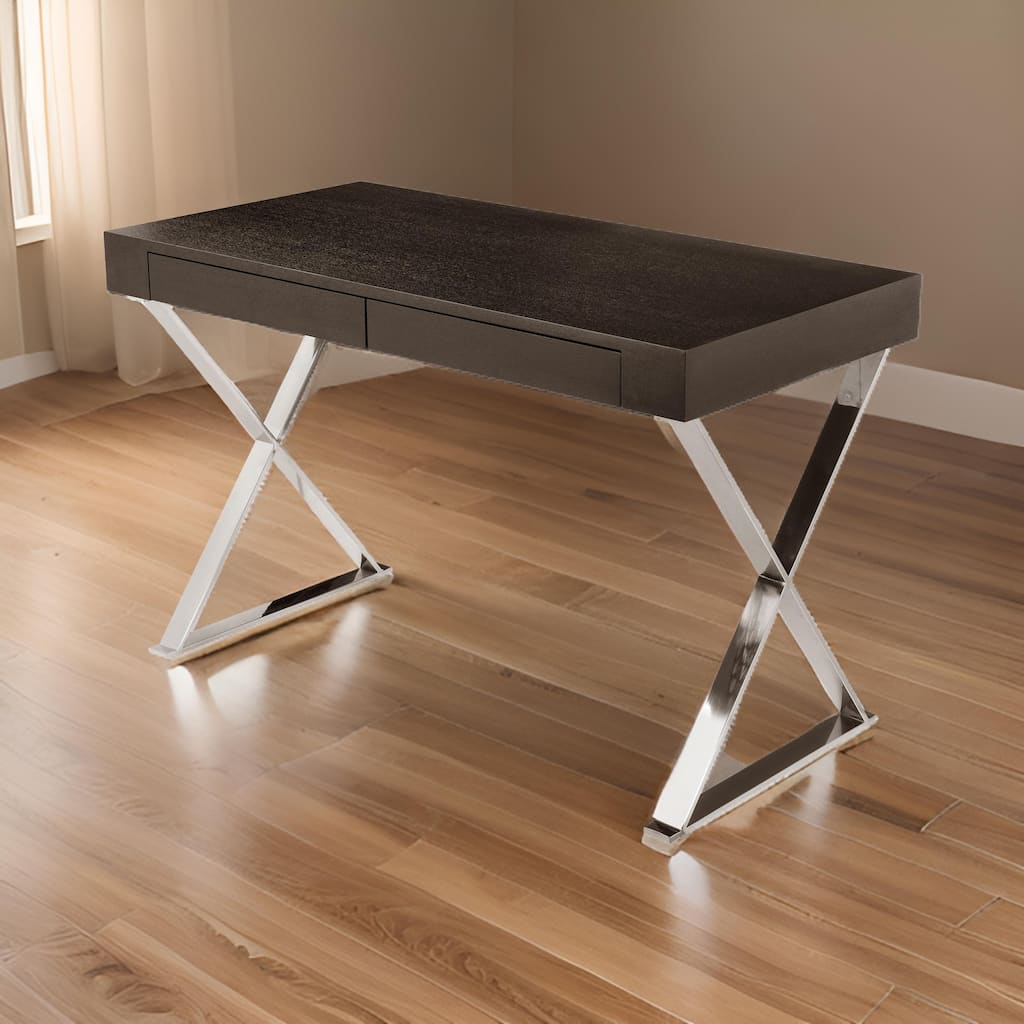 Rix 47 Inch Office Desk, Espresso Brown Wood, 2 Drawers, X Polished Steel