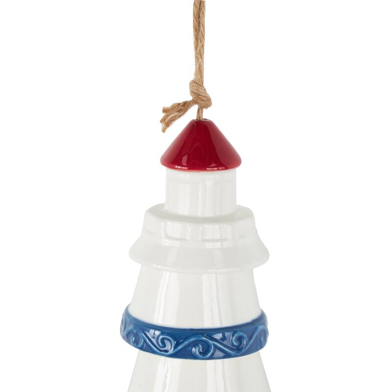 White Ceramic Light House Indoor Outdoor Windchime with Brown Rope and Blue and Red Accents