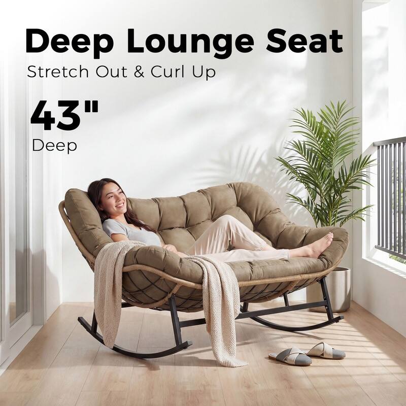 60" Double Papasan Rocking Chair for 2, 700-lb Capacity Wicker Egg Rocker with 5.1" Thick Cushion