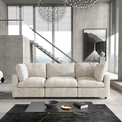 Minimalist 3-Seater Sofa Chenille Upholstered Modular Sectional Couch Removable Cover, Spring Cushions, Solid Wood Frame