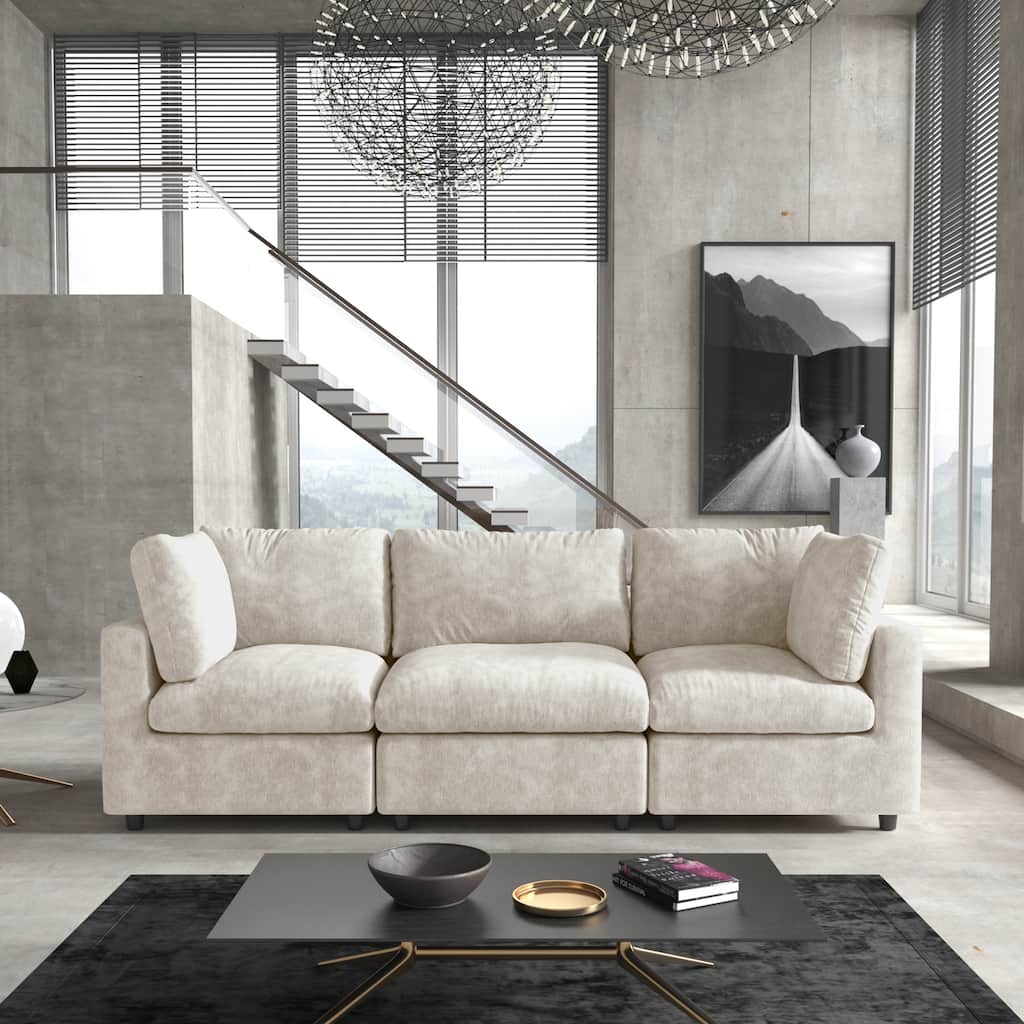 Minimalist 3-Seater Sofa Chenille Upholstered Modular Sectional Couch Removable Cover, Spring Cushions, Solid Wood Frame