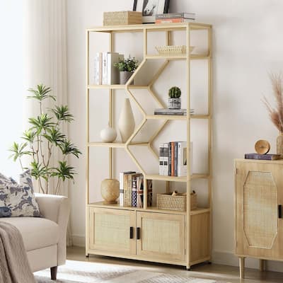 Rattan bookshelf 5 tiers Bookcases Storage Rack with cabinet for Living Room Home Office