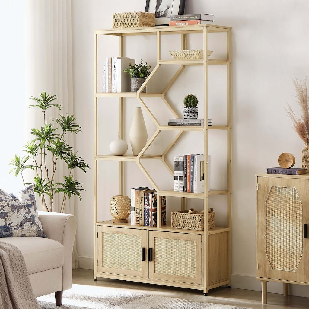 Rattan bookshelf 5 tiers Bookcases Storage Rack with cabinet for Living Room Home Office