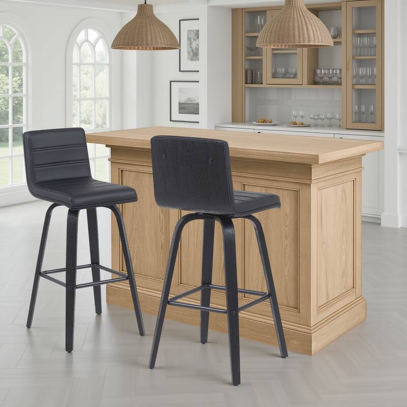 Skara Swivel Bar Stool, Upholstered Bar Height Chair with Bentwood Frame - Black Faux Leather & Black - Set of 2