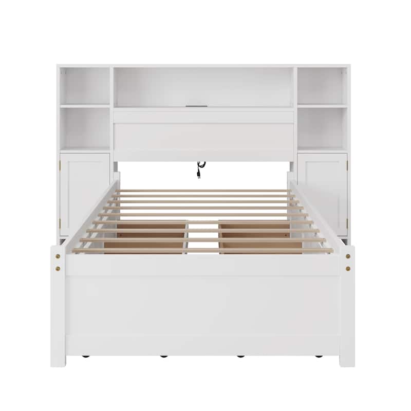 Roomfitters Twin Size Wooden Storage Bed with Bookcase Headboard, 6 Drawers and Charging Station, No Box Spring Needed, White