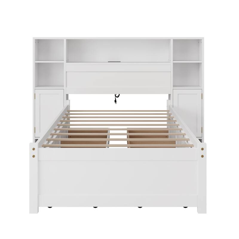 White Wooden Storage Bed with Tall Extended Bookcase Headboard